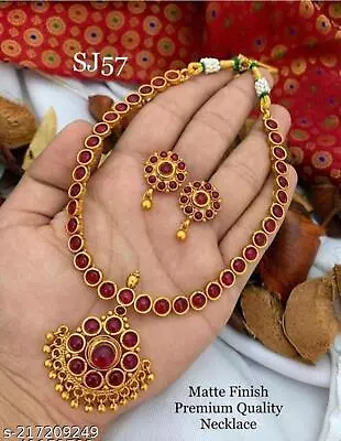 Indian Bollywood Gold Plated Ruby Red Temple Choker Necklace Jewelry Set • $15.97