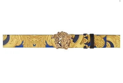 $650 Mens VERSACE Medusa Leather Belt Barocco Blue/Gold 85EU 30US • $245