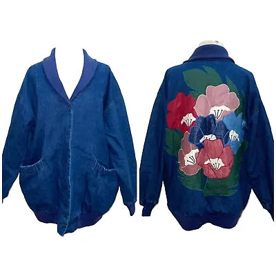 Vintage 70s Calico Creation By Renee Floral Embroidered Bomber Denim Jacket XL • $49.13