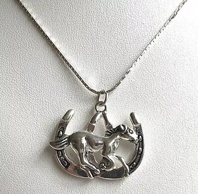 Silver Horse Necklace Mustang 18  Horseshoe Country Western Cowgirl Plated  • $7.99