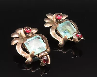 925 Sterling Silver - Vintage Garnet & Blue Topaz Non Pierced Earrings - EG11810 • $129.35