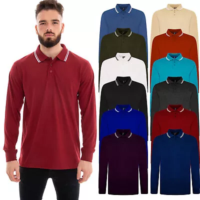 River Road Mens Polo Long Sleeve T-Shirt Tipping Collar Smart Casual Shirt Tops • £9.99