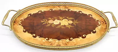 Marquetry Inlaid Wood & Brass Serving Tray Brass Gallery Rail Handles Italy 16  • $49.99