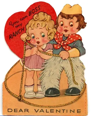 Vtg Valentine Card Girl Cowboy Chaps Lasso Boss My Ranch Die Cut 1930s • $8.96