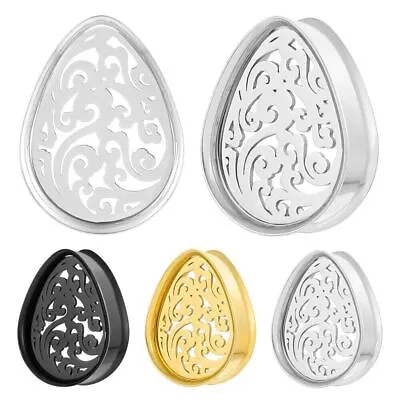 Pair Hollow Filigree Teardrop Ear Gauges Plugs Tunnels Body Jewelry Piercings  • $16.37