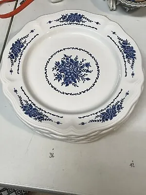 Vtg MAYHILL Federalist Ironstone  7 Dinner Plates Blue Floral Scalloped • $45