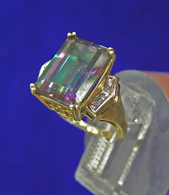 ADL 10k Yellow Gold Emerald Cut Mystic Topaz & Diamond Accent Ring Size 4.5 • $149.99