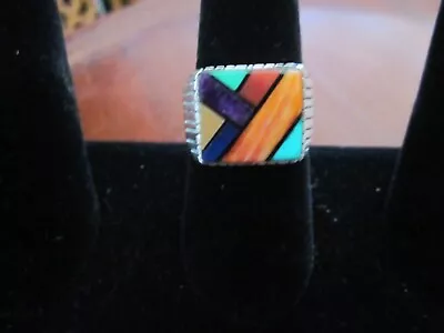 Turquoise Multi Stone Inlay Mens Ring Sz 10 Navajo Sterling Signed Ray Jack • $189