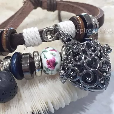 Aromatherapy Diffuser Leather Wrap Bracelet Essential Oil Locket With Lava Stone • $21.95