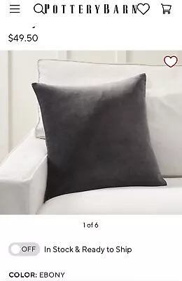 Ebony POTTERY BARN Everywhere Velvet Pillow Cover 20 X20  Charcoal Grey • $28.99