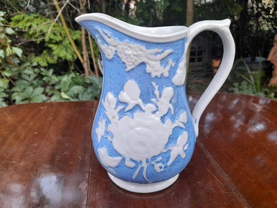 £26.50 • Buy Antique Victorian Staffordshire Blue & White Relief Moulded Jug Rose Flower 19cm