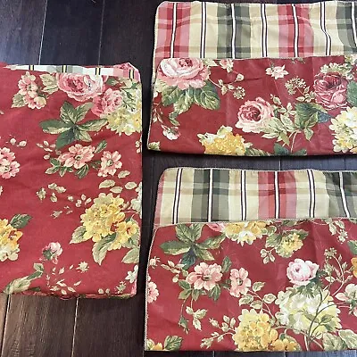 Cabbage Rose Queen Duvet Cover With Shams Reversible Red Floral Stripe Cottage • $99.99