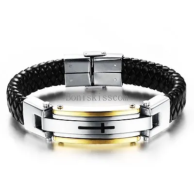 Men's Stainless Steel Cross Black Braided Leather Bracelet Cuff Bangle Wristband • $13.29