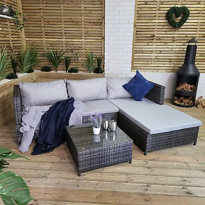 3PC 4 Seater Brown Rattan Garden Sofa Daybed Grey Cushions And Coffee Table  • £410.95