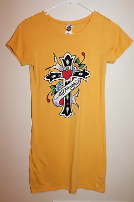 Ed Hardy Mustard Yellow T-Shirt Dress With Bling Cross Women's Size Medium • $30