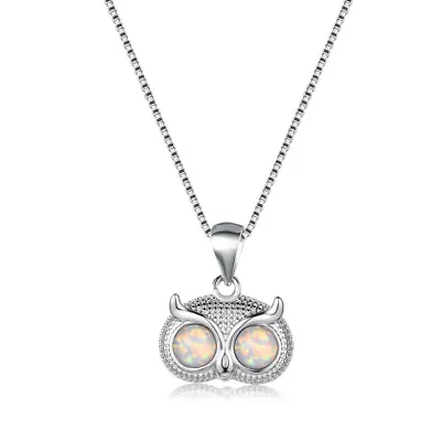 Silver Created White Simulated Opal Owl Engagement Pendant Necklace For Girl • $0.31