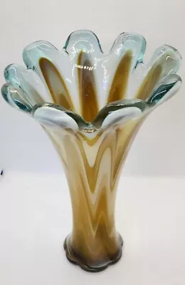 Hand Blown Art Glass Swung Vase With Scalloped Edge 10.5  Tall • $19.90