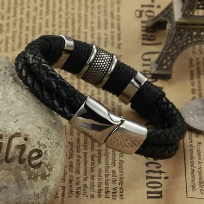 Men's Stainless Steel Leather Bracelet Magnetic Silver Clasp Fashion Bangle • £3.30