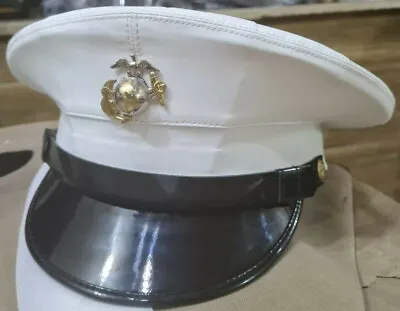 USMC Dress Blues Marine Hat White Vinyl Visor Cap Never Worn • $52.99