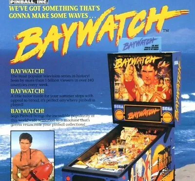 Baywatch 1995 Original Arcade Pinball FLYER Pamela Anderson David Hasselhoff Art • $17.50