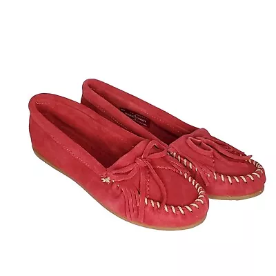 NEW Minnetonka Suede Kilty Moccasins 7.5 Red Fringed Loafer • $42.46