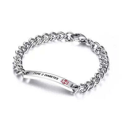 Silver Medical Alert Women Bracelet Bangle Engraved  TYPE 2 DIABETES  Life Save • $13.19