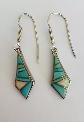 Vintage Navajo Sterling Silver Turquoise Fire Opal Inlaid Dangle Earrings • $69.99