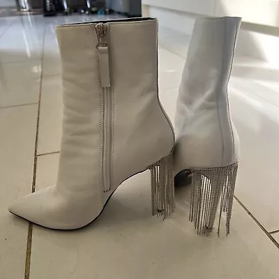 Topshop White Leather Tassel Chain Boots Uk6 RRP£79 • £15