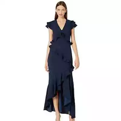 ML Monique Lhuillier Navy Blue High Low Maxi Ruffle Size 2 Altered • $60