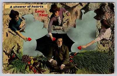 Leap Year A Shower Of Hearts Women Giving Hearts To Man Resy DB UP Postcard (C) • $4.50