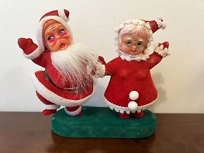 Vintage Flocked Dancing Waving Holding Hand Santa And Mrs. Claus On Base • $25