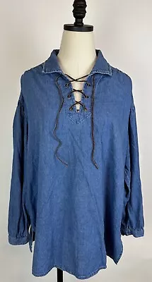 Vintage 90s Denim Peasant Shirt L Relaxed Fit Suede Lace Up Pirate Medieval Boho • $25.49