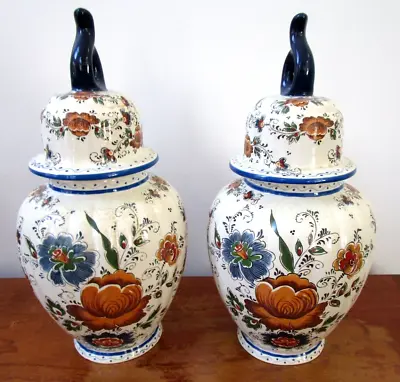 Delfts Pair 2 Large Ginger Jar H Bequet Vases Urns Lids Handmade Holland Belgium • $165