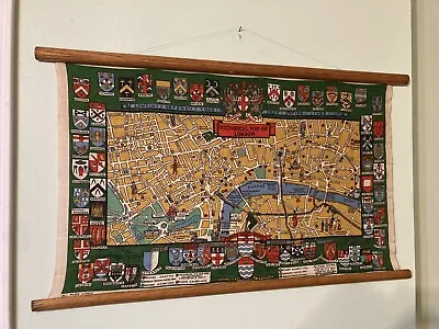 London Historic Vintage City Map Linen 29x18 Souvenir Crest Linen Mounted • £12.54