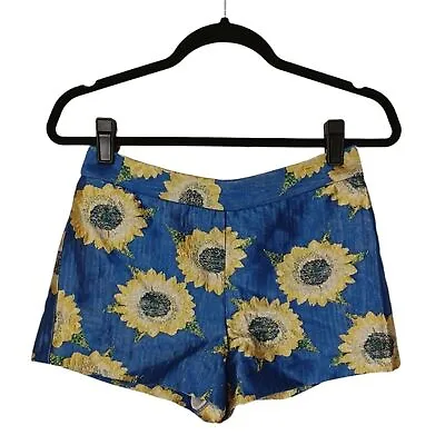 $220 ALICE + OLIVIA Yellow Sunflower Floral Print Blue Jacquard Shorts 2 (XS) • $98.99