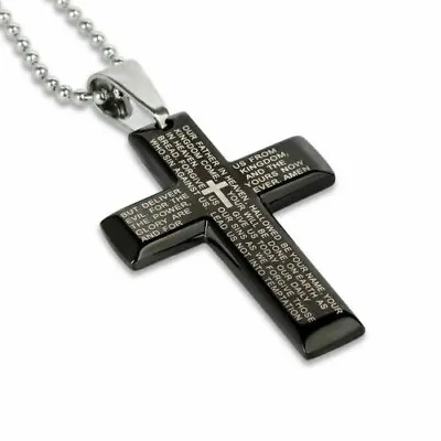 Silver Plated Steel Men Cross Pendant Black Bible Necklace English Lord Prayer • $9.49