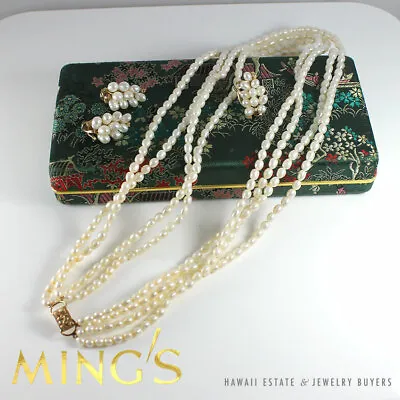 Vintage Ming's Hawaii 14kyg Pearl Necklace Ring & Earring Set • $2300