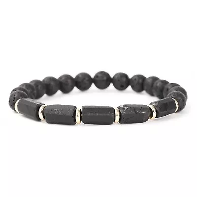 Handmade Natural Stone Black Tourmaline 5 Pc W/ Lava Bead Bracelet Men's Women's • $14.99