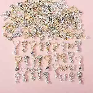  40Pcs Heart Dangle Nail Charms Rhinestones GemsSilver Gold Charms Diamonds  • $18.21