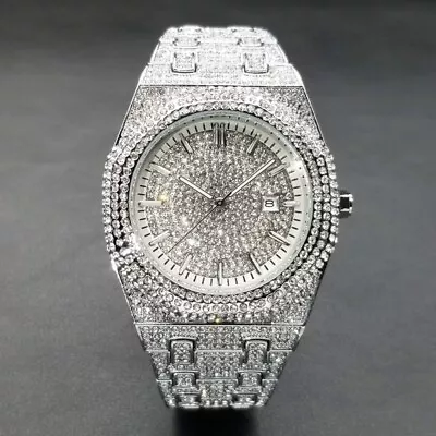 Men's Ice Out Watch Diamond Luxury Analog Quartz Stainless Steel Waterproof NEW • £83.99