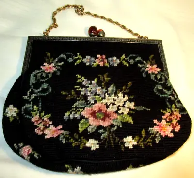 Vintage LARGE NEEDLEPOINT PURSE Handbag FLORAL On BLACK ~ 11x9  Elegant Interior • $31