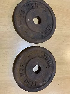 2 Vintage  Early York Bar Bell Barbell 5 Lbs Pound Weight Plates For 1  Bar • $25