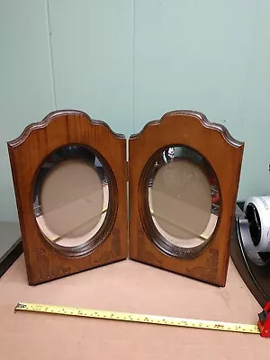 Vintage Double Wood Carved Oval Folding Mirror Picture Frames • $30