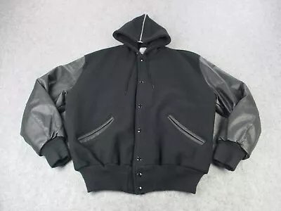 VINTAGE DeLong Jacket Mens Extra Large Black Wool Leather Letterman Varsity Coat • $74.95