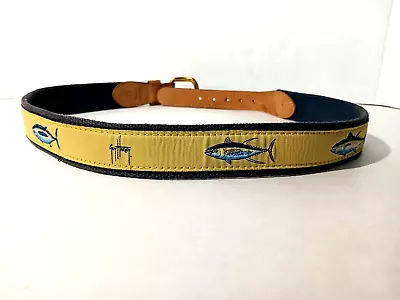 Guy Harvey Fishing Belt Mens Size 32 Leather & Canvas Tuna Yellow & Blue USED • $15
