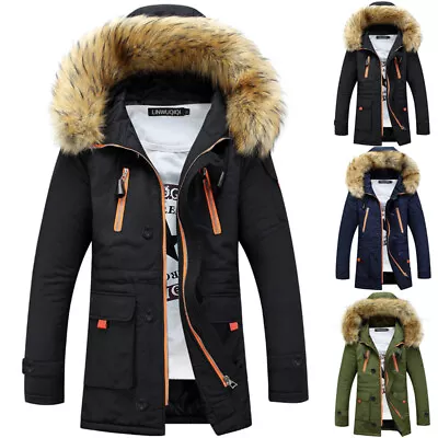 Mens Coat Trench Fur Hooded Winter Warm Parka Outdoor Outwear Overcoat Jacket • $50.95