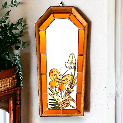Vintage Stained Glass Framed Mirror Mid-Century Modern Flower Butterfly Retro • $55