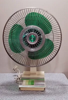 Vtg SEARS 12” Oscillating 3 Speed Table FAN GREEN BLADES Model 453.80180 WORKS • $79.95