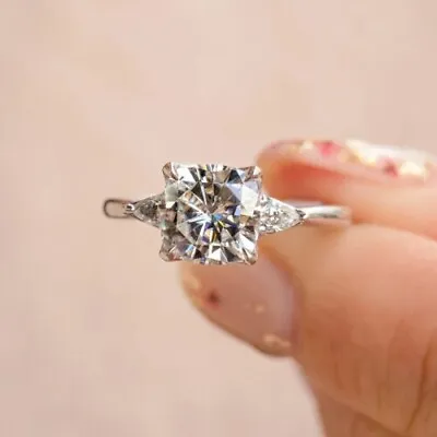 3 Ct Cushion Cut Moissanite Three-Stone Engagement Ring 14K White Gold Plated • $127.13