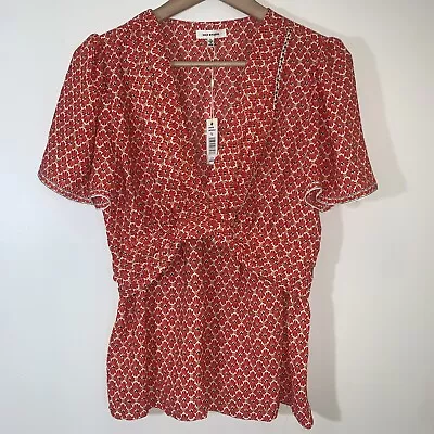 Max Studio Blouse Womens Size Large Red Floral Smocked Knot Waist Boho Peasant • $22